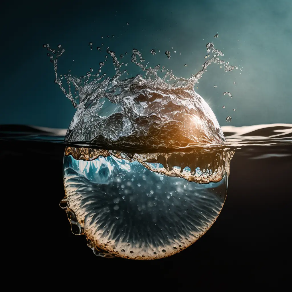 ball of water suspended in the air, ripples and splash on surface, with sparkling, crisp radiant reflections, sunlight gleaming, Canon 35mm lens, hyperrealistic photography style of unsplash